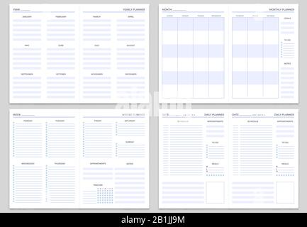 Vorlagen für Notizen zum Planer. Jährliche, monatliche und wöchentliche Planer. Vektor für tägliche Aufgaben, Ziele und Termine Stock Vektor