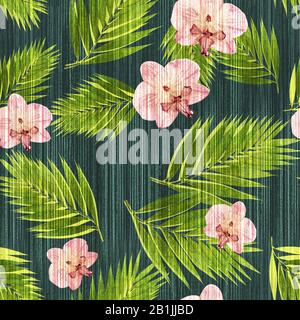Grüne tropische Palmblätter mit Orchideenmuster auf einem Aquarellhintergrund Stockfoto