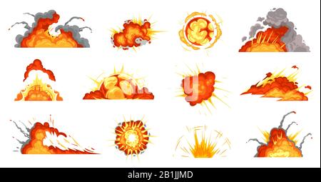 Zeichentrickexplosionen. Explodierende Bombe, Brandwolke und Explosionsexplosion - Vektorgrafiken Stock Vektor