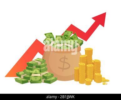 Cartoon Einsparungen Wertsteigerung. Geldgewinnsteigerung, Diagramm der profitablen Investitionen mit rotem Grafikpfeil und Vektorgrafiken für den Geldstapel Stock Vektor