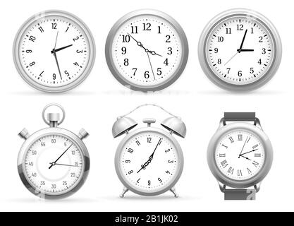 Realistische Uhren. Wanduhr, Wecker und Armbanduhren. Stoppuhr-Timer, Zeituhr-Vektor 3D-Illustration eingestellt Stock Vektor