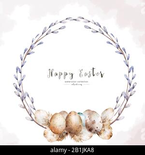 Frohe Ostern. Ein Weidenkranz verzweigt sich mit einer Aufschrift. Ein mit Ostereiern verzierter Kranz aus Zweigen. Handgezeichnetes Aquarell isoliert auf Weiß Stockfoto