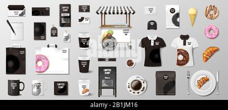 Realistischer Spott für Bakery Shop, Restaurant, Café. Corporate Identity Style Bakery Food Paket verspotst. Set aus Tasse, Packung, Uniform, Hemd, Straßenmenü Stock Vektor