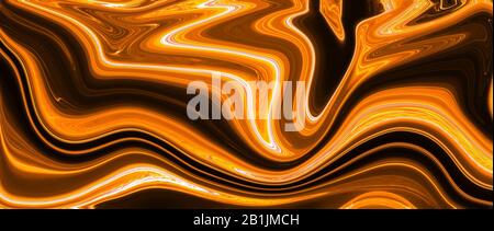 Orangefarbene, schwarz-weiße, likuidische Ölfarbe. Abstrakter Hintergrund und Textur. Illustrationsbanner. Extremer Breitbildschirm. Stockfoto