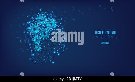 Silhouette einer polygonalen Kopf und Zahnräder in der Form des Gehirns. Polygonale Abbildung: Dreiecke und Punkte. Konzept des Denkens Mensch, visuali Stock Vektor