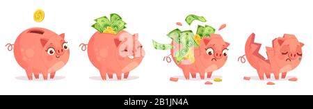 Cartoon Hucky Bank. Spar-, Bankeinlagen- und Spareinlagen. Leer und voller Bargeld und Goldmünzen Schweinebank-Vektorgrafiken Stock Vektor