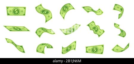 Cartoon mit fallenden Geldscheinen. Fliegende grüne Dollarrechnung, 3D-Bargeld und USD-Währungsvektor eingestellt Stock Vektor