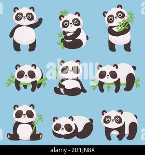 Cartoon Panda Kinder. Kleine Pandas, lustige Tiere mit Bambus und niedlichen Schlafpanda tragen Vektorgrafiken Stock Vektor