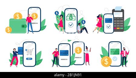 Mobile Zahlungen. Menschen mit Smartphones senden Geldtransfers, POS-Terminal-Zahlungen und Finanztransaktionen Vektor-Illustration-Set Stock Vektor