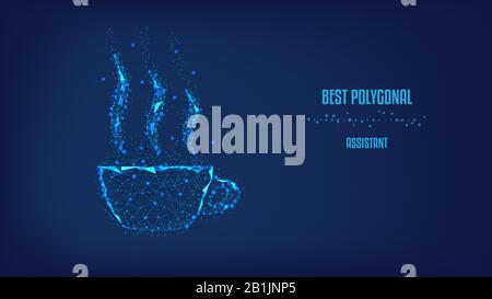 Tasse heißen Kaffee mit Dampf aus Dreiecken und leuchtende Punkte. Hintergrund der schönen dunklen blauen Nachthimmel. Vektor polygonalen Abbildung. Low Poly. Stock Vektor