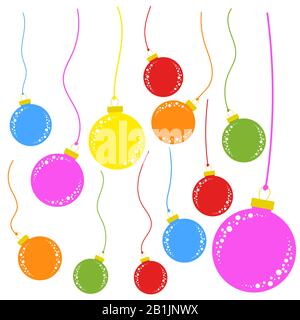 Satz flach gefärbter isolierter Weihnachtsbaum spielt Kugeln an den Seilen. Einfacher Stil. Stock Vektor