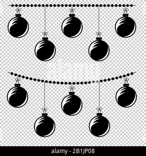 Flache schwarze, isolierte Schnur von Kreisen, die an ihren Weihnachtsdekorationen befestigt sind. Satz von zwei Optionen. Schwarze Silhouette auf transparentem Hintergrund. Stock Vektor