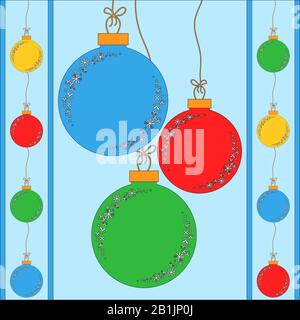 Satz flach gefärbter isolierter Weihnachtsbaum spielt Kugeln an den Seilen. Einfacher Stil. Stock Vektor