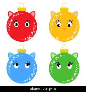 Satz flach gefärbter isolierter Weihnachtskugeln in Form von Bällen. Cartoons Katzen. Einfaches Design auf weißem Hintergrund Stock Vektor