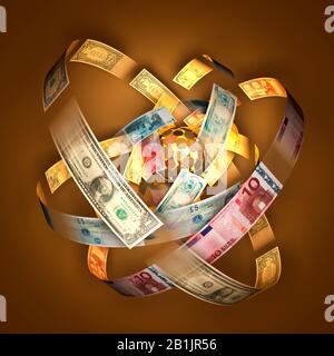 Atomgeld. Internationale Währungen. Banknoten umkreisen einen Planeten aus Münzen. Stockfoto
