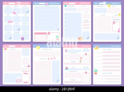 Niedliche Planervorlagen. Wochen-, Monats- und Jahresplaner. To-DO-Liste, Zielplaner und Habit Tracker Pages Design Vector Set Stock Vektor