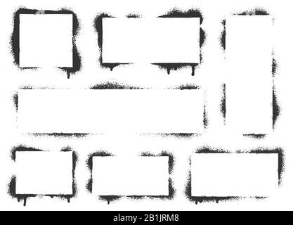 Sprühen Sie Graffiti-Schablonenrahmen. Schwarzes Airbrushing-Farbenbanner, versteinertem Hintergrund und Sprühfarbe Texturrahmen Vektor-Set Stock Vektor