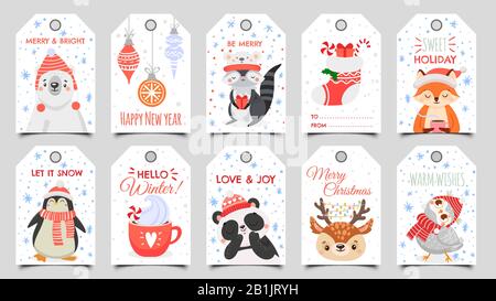 Niedliche Tiere weihnachts-tags. Weihnachtsgeschenktag mit Wintereule, Rehe und Bären. Happy Animal feiert Weihnachts-Label Cartoon Vector Set Stock Vektor