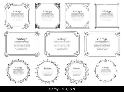Königlicher handgezeichneter Textrahmen. Retro-eleganter Grafikrahmen, Vintage-Zierrahmen und dekoratives Buchemblem-Vektorset Stock Vektor