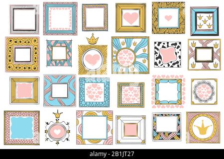 Handgezeichnete, niedliche Prinzenrahmen. Skizzenrahmen in Vintage-Farbe, Rahmen mit pinkfarbenem Spiegel und Vektor-Satz mit doodle-Rahmen Stock Vektor