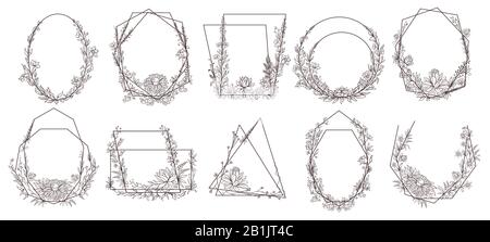 Handgezeichnete geometrische Rahmen mit Blumenmuster. Blumen-, Blätter- und Äste Kranzrahmen zur Dekoration der Hochzeitseinladung. Blumen auf Rahmen Vektor gesetzt Stock Vektor