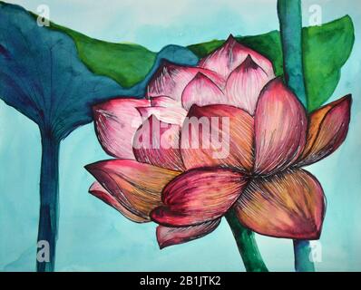Original Aquarell von Wasserpflanzen von Lotus Stockfoto