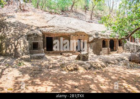 Panhale Kaji oder Panhalakaji Caves, District- Sindhudurg, Maharashtra, Indien: Allgemeine Ansicht der façade der Höhlen 4 bis 6. Stockfoto