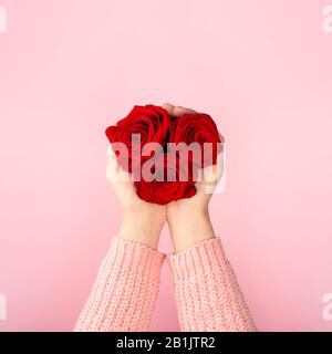 Drei rote Rosen bilden ein Herz in weiblichen Händen auf rosa Hintergrund. Geschenk- oder Geschenkkonzept. Trendige Idee für den Valentinstag, internationaler Tag der Frauen Stockfoto