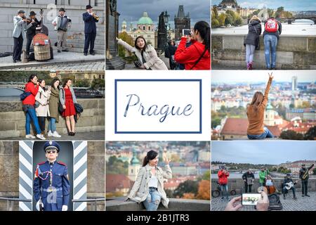 Prag, Tschechien - 13. Dezember 2019: Collage von Wahrzeichen Prags und schönen Touristen, Tschechien Stockfoto