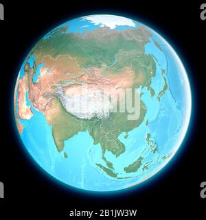 Weltkarte von Asien, Satellitenansicht, geographische Karte, Physik. Kartografie, Reliefatlas. 3D-Rendering Stockfoto