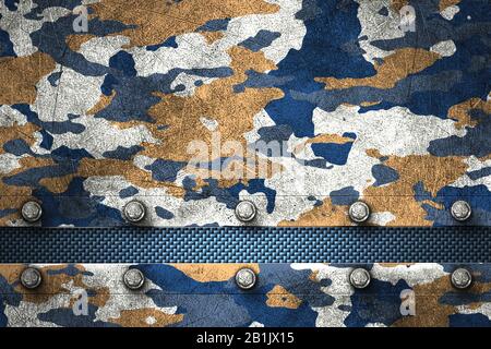 Braune und blaue Tarnung aus Metall und Mesh-Hintergrund und Textur. 3D-Abbildung. Stockfoto