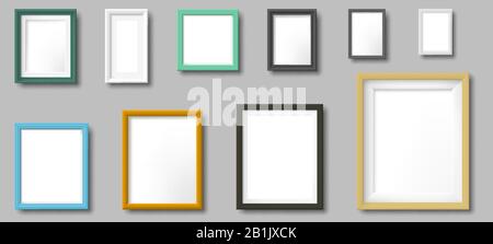Realistischer Bilderrahmen. Quadratische und rechteckige Rahmen, Fotos auf Wandvorlage 3D-realistische Vektorgrafik Stock Vektor