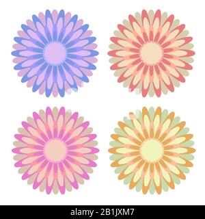 Set aus flachen, isoliert gefärbten gelben, roten, rosafarbenen, blauen abstrakten Blumen auf weißem Hintergrund. Einfaches Design für die Dekoration Stock Vektor