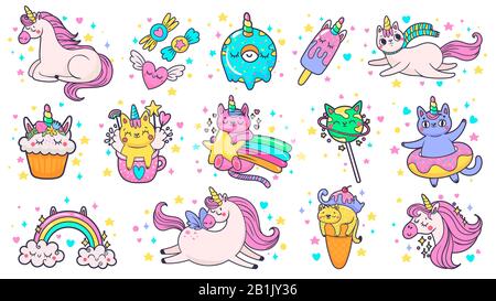 Süße, handgezeichnete Flecken. Magisches märchenhaftes Pony-Einhorn, fabelhafte Katz- und süße Süßigkeiten-Aufkleber Cartoon-Vektor-Illustrationsset Stock Vektor