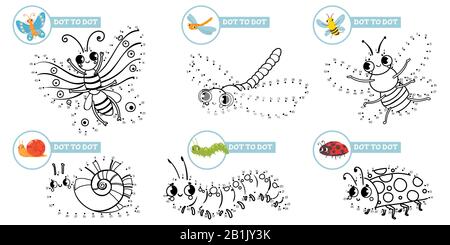 Connect Dots Cartoon Insekten Spiel. Niedliche Insektenbildungsspiele für Kleinkinder, Spiele mit Vektorgrafiken für Kinder in der Vorschule Stock Vektor