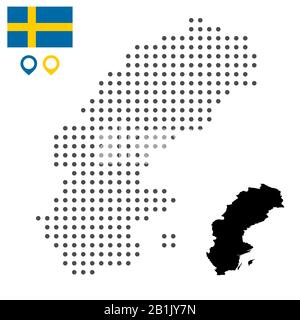 Karte von Schweden mit Flagge und Kartenmarkierung. Vektorgrafiken. Webdesign, Tapete, Flyer, Filmmaterial, Poster, Broschüre, Banner. Stock Vektor