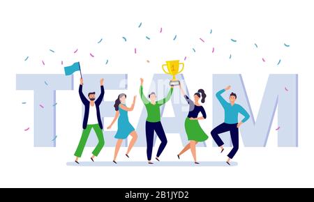 Team der Corporate People Celebration. Glückliche Büroangestellte feiern Gewinn goldener Pokal, Teamwork-Trophäe und Erfolg Personen flache Vektorillustration Stock Vektor