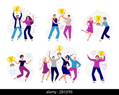 Die Leute gewinnen den Pokal. Paar-Gewinner, Mann und Frau mit Goldpokal. Erfolgsgeschäft Tram gewinnt Preis und feiert Sieg Vektor Illustration Set Stock Vektor