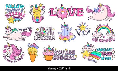 Süße Muster mit Schriftzug. Zeit, Einhorn zu sein, wie ein Star zu glänzen und Ihren Traumzeichen mit fröhlicher Katze, süßen Süßigkeiten und magischem Pony-Vektor-Aufkleber zu folgen Stock Vektor