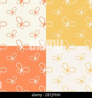 Set aus farbigem, nahtlosem Muster aus Silhouetten von Schmetterlingen vor hellem Hintergrund. Abstrakte Vektorgrafik-Illustration Stock Vektor