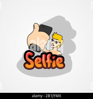 Junger Mann, der selfie mit Smartphone einfache Vektorgrafiken im flachen Stil nimmt. Stock Vektor