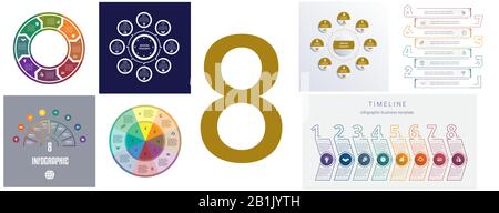 Sieben Vorlagen für moderne Infografik 8 Positionen Stock Vektor