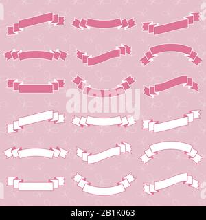 Set aus flachen, rosafarbenen und weißen Silhouetten mit isolierten Bändern auf hellem Hintergrund Stock Vektor