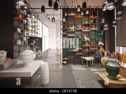 Antiquitätengeschäft. 3D-Rendering-Design-Konzept Stockfoto