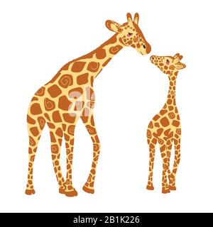 Zwei süße Giraffen auf einem weißen Hintergrund. Baby Giraffe und erwachsene Giraffe. Vector Illustration Stock Vektor