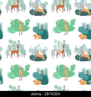 Nahtloses Muster mit Hirschen, Damhirschen, Rehen auf dem Hintergrund eines Baumes, einer Pflanze, eines Busches und verschiedener Elemente. Vektorgrafiken im skandinavischen ST Stock Vektor