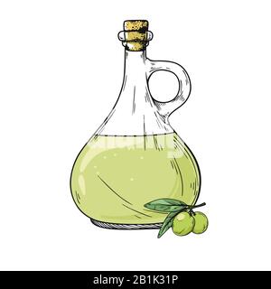 Farbige Skizzenflaschen mit Olivenöl und einem Sprig mit Oliven. Vektorgrafiken im Skizzenstil. Stock Vektor