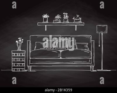 Interieur in Skizze Stil. Sofa, Bett, Tisch, Stehlampe und Regal mit Pflanzen. Vektor Stock Vektor