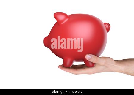 3D-Rendering, Seitenansicht der roten Schweinebank mit Handhaltung im Bank- oder Finanzkonzept, isoliert auf weißem Hintergrund. Stockfoto