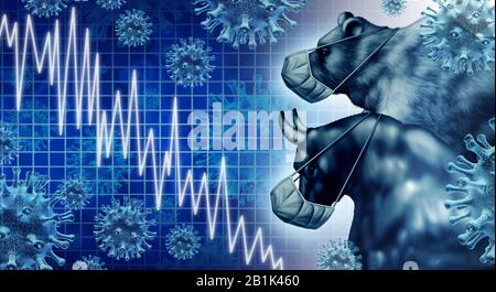 Wirtschaftliche Pandemie und Coronavirus Wirtschaft oder Virusausbruch und Börsenstärke als Hausse und tragen Krise und kranke Finanzgesundheit als Geschäft. Stockfoto